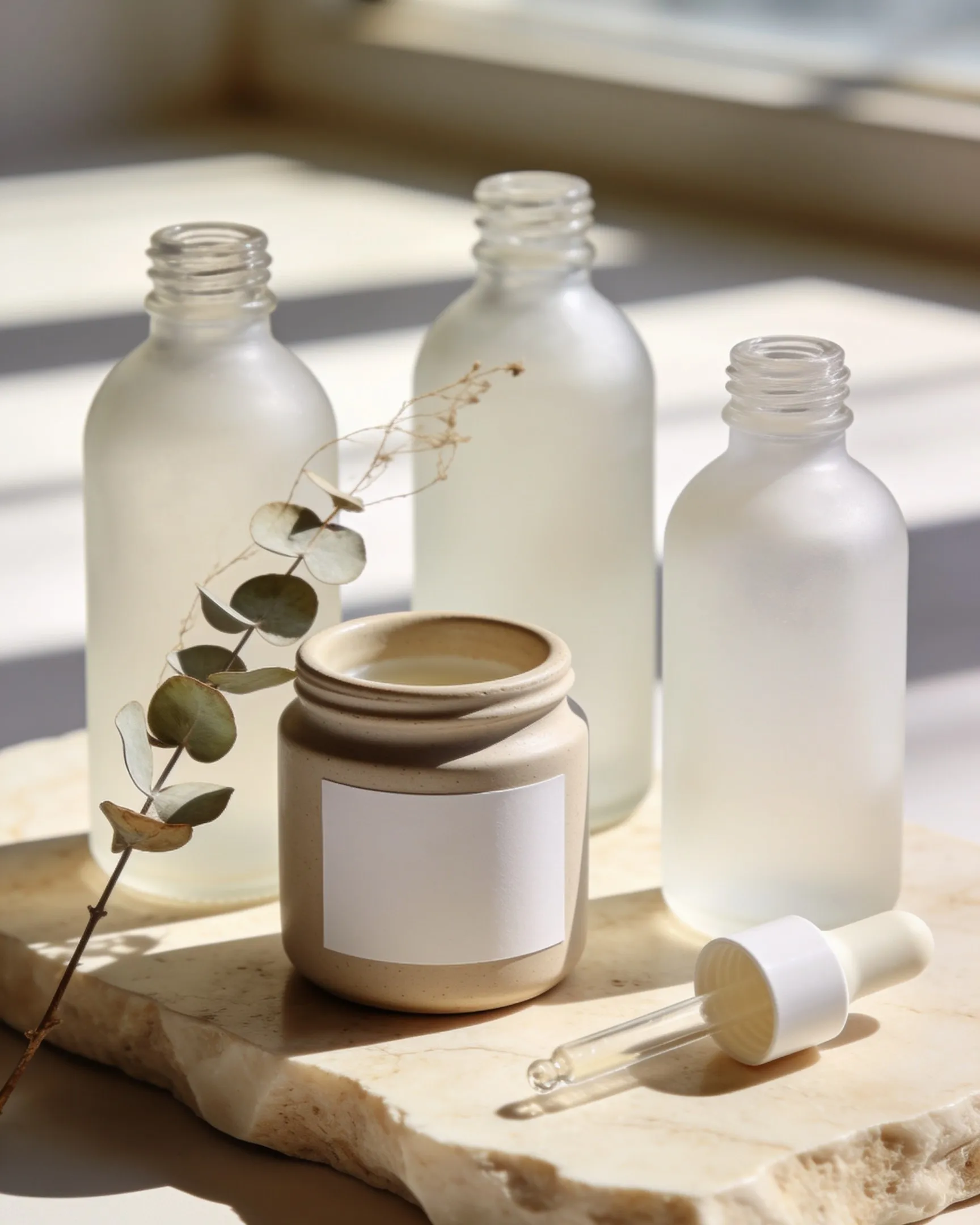 Produkte skincare mbi travertin
